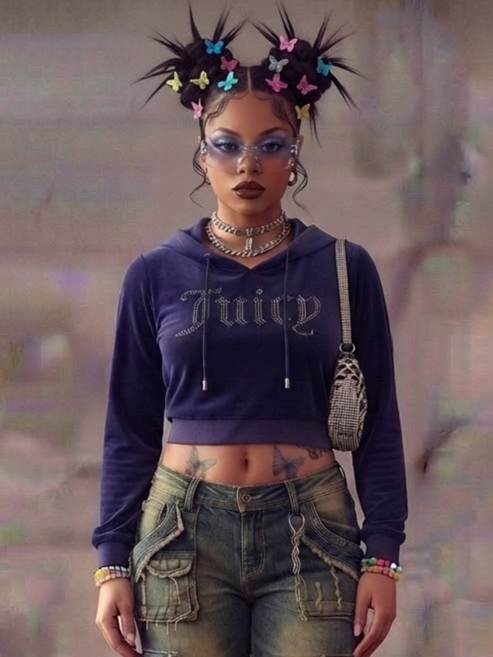 Juicy Couture Big Bling Velour Cropped Tracksuit Hoodie - XL - Blue
